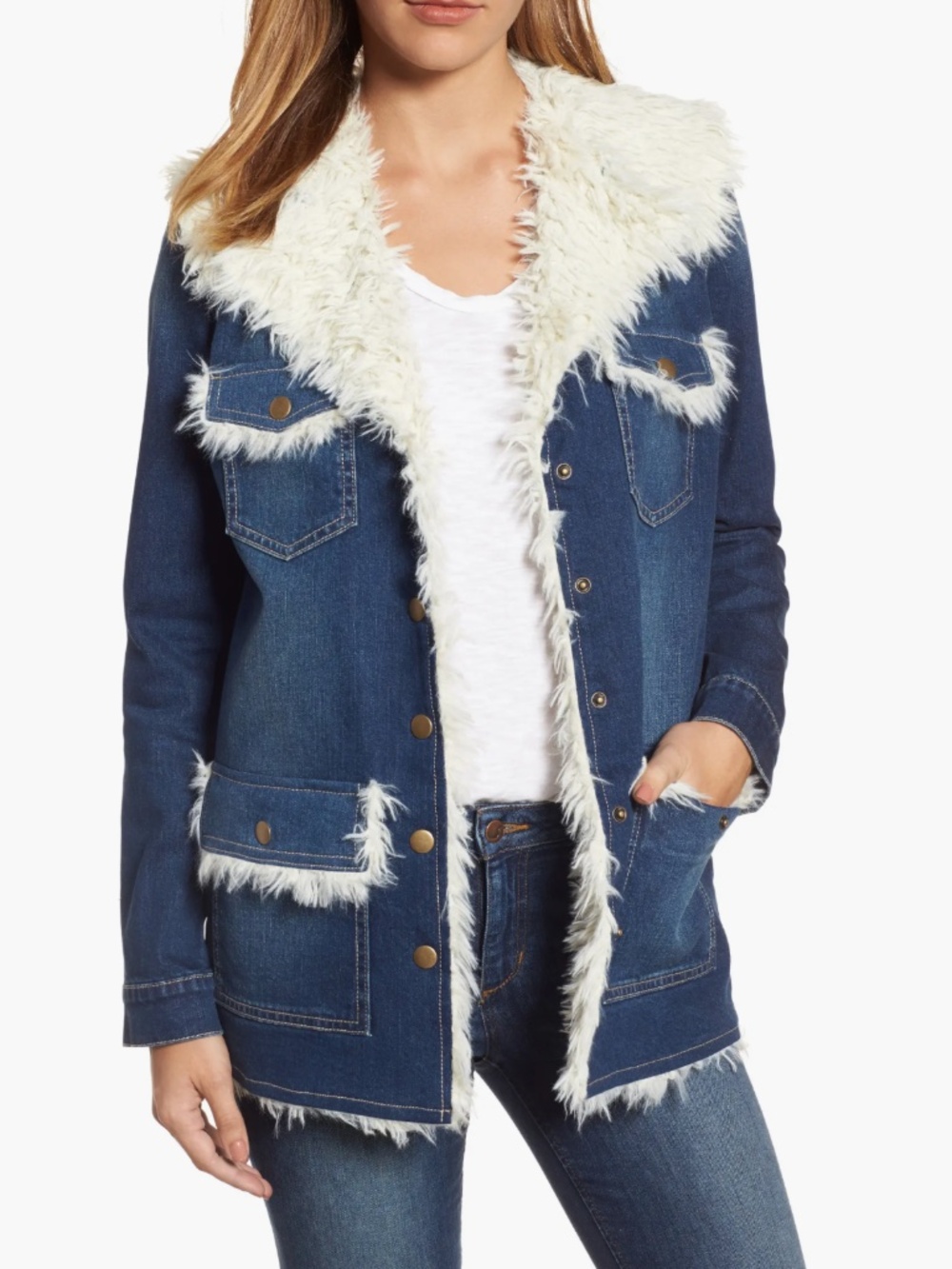 KUT from the Kloth Faux Shearling Trim Denim Penny Lane Jacket SM